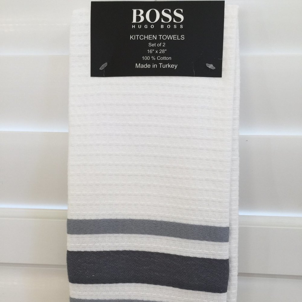 HUGO BOSS Kitchen Towels Turkey 2x set 16"x28" Embossed White Blue 100% Cotton